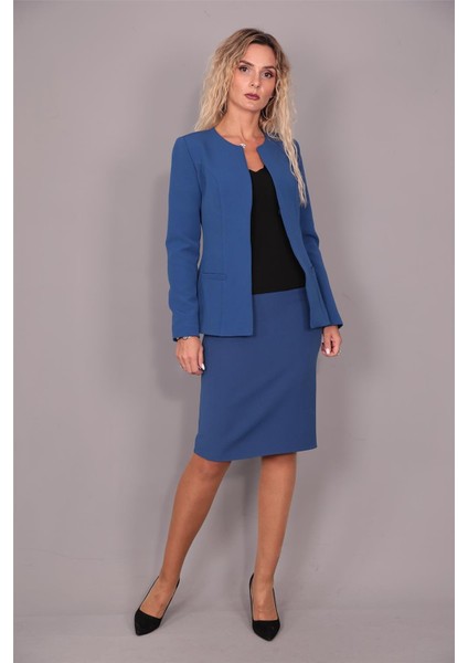 Oval Yaka Uzun Ceket & Kalem Etek Takım-Indigo fiyatları