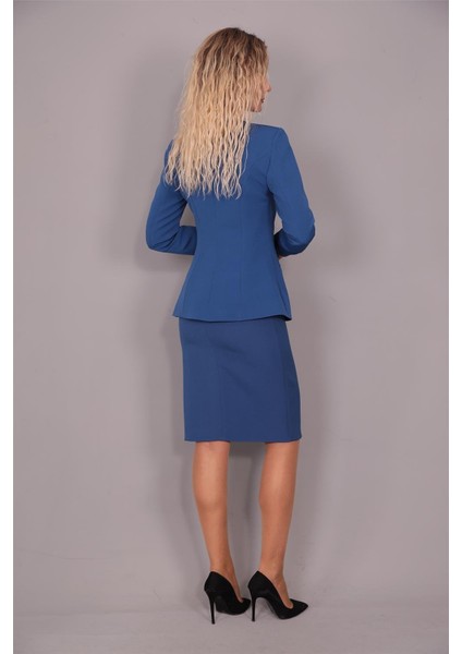 Oval Yaka Uzun Ceket & Kalem Etek Takım-Indigo modelleri