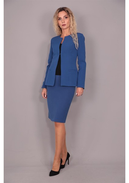 Oval Yaka Uzun Ceket & Kalem Etek Takım-Indigo indirimleri