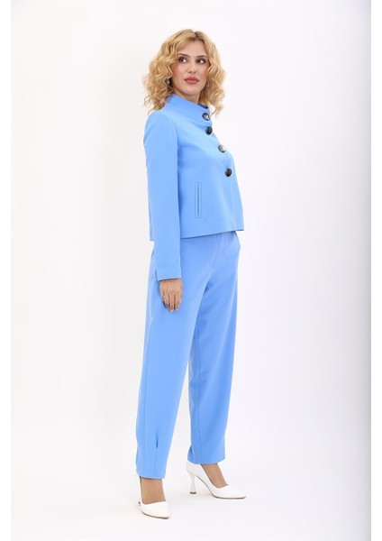 Oval Dik Yaka Kısa Ceket & Paçası Pileli Pantolon-Gökyüzü indirimleri