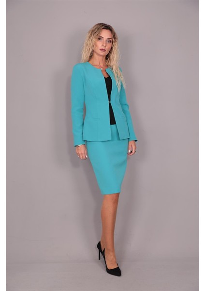 Oval Yaka Uzun Ceket & Kalem Etek Takım-Turkuaz fiyatları