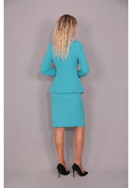 Oval Yaka Uzun Ceket & Kalem Etek Takım-Turkuaz modelleri