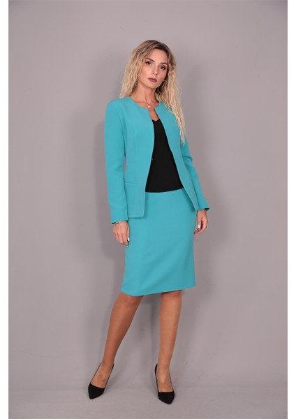 Oval Yaka Uzun Ceket & Kalem Etek Takım-Turkuaz fırsatları