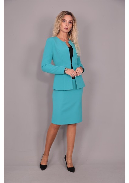 Oval Yaka Uzun Ceket & Kalem Etek Takım-Turkuaz indirimleri