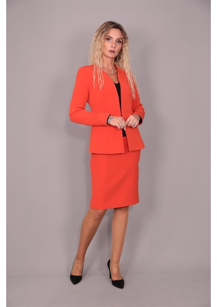 V Yaka Uzun Ceket & Kalem Etek Takım-Turuncu