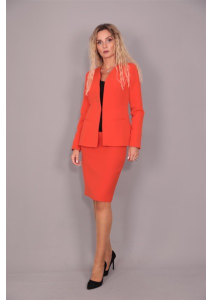 V Yaka Uzun Ceket & Kalem Etek Takım-Turuncu modelleri