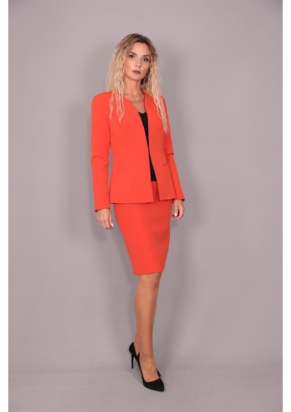V Yaka Uzun Ceket & Kalem Etek Takım-Turuncu indirimleri