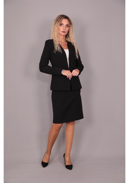 V Yaka Uzun Ceket & Kalem Etek Takım-Siyah