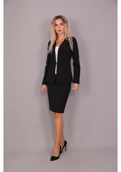 V Yaka Uzun Ceket & Kalem Etek Takım-Siyah fiyatları