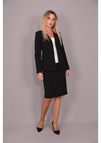 V Yaka Uzun Ceket & Kalem Etek Takım-Siyah indirimleri