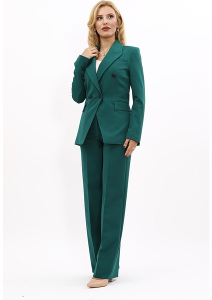 Erkek Yaka Çapraz Ceket & Bol Paça Pantolon-Zümrüt