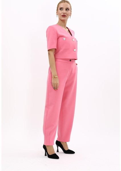 V Yaka Kısa Ceket & Paçası Pileli Pantolon-Pembe fiyatları