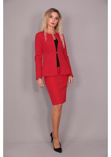 Oval Yaka Uzun Ceket & Kalem Etek Takım-Kırmızı
