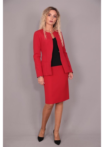 Oval Yaka Uzun Ceket & Kalem Etek Takım-Kırmızı modelleri