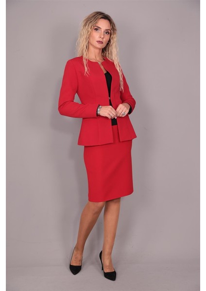 Oval Yaka Uzun Ceket & Kalem Etek Takım-Kırmızı indirimleri