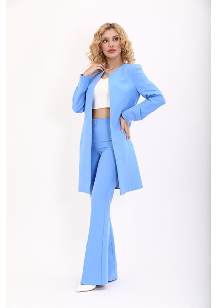 Sıfır Yaka Düz Uzun Ceket & Ispanyol Paça Pantolon-Gökyüzü