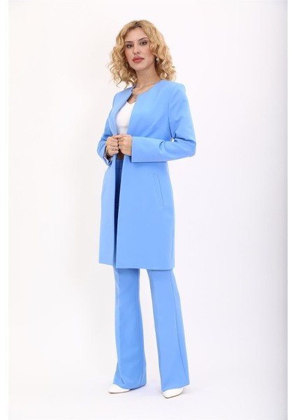 Sıfır Yaka Düz Uzun Ceket & Ispanyol Paça Pantolon-Gökyüzü fiyatları