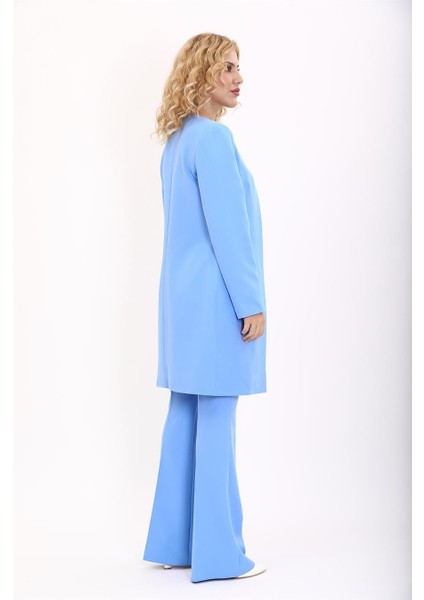 Sıfır Yaka Düz Uzun Ceket & Ispanyol Paça Pantolon-Gökyüzü modelleri