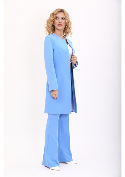 Sıfır Yaka Düz Uzun Ceket & Ispanyol Paça Pantolon-Gökyüzü fırsatları