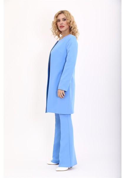 Sıfır Yaka Düz Uzun Ceket & Ispanyol Paça Pantolon-Gökyüzü indirimleri