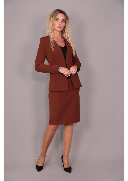V Yaka Uzun Ceket & Kalem Etek Takım-Kestane