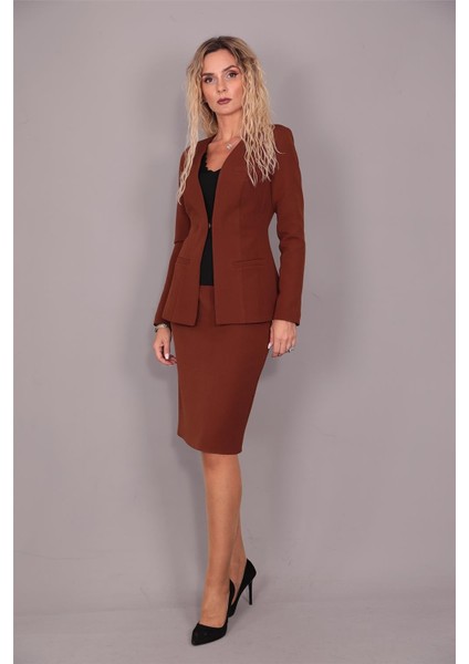 V Yaka Uzun Ceket & Kalem Etek Takım-Kestane fiyatları