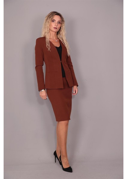 V Yaka Uzun Ceket & Kalem Etek Takım-Kestane modelleri