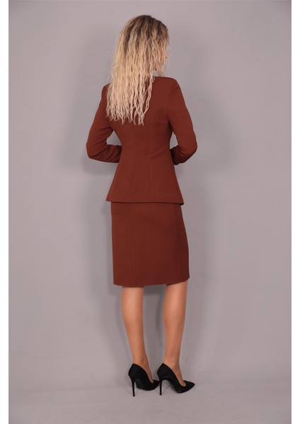 V Yaka Uzun Ceket & Kalem Etek Takım-Kestane fırsatları