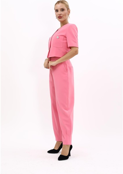 V Yaka Kısa Ceket & Paçası Pileli Pantolon-Pembe indirimleri