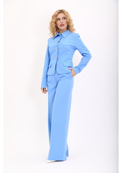 Gömlek Yaka Klasik Ceket & Korsaj Kemer Palazzo Pantolon-Gökyüzü