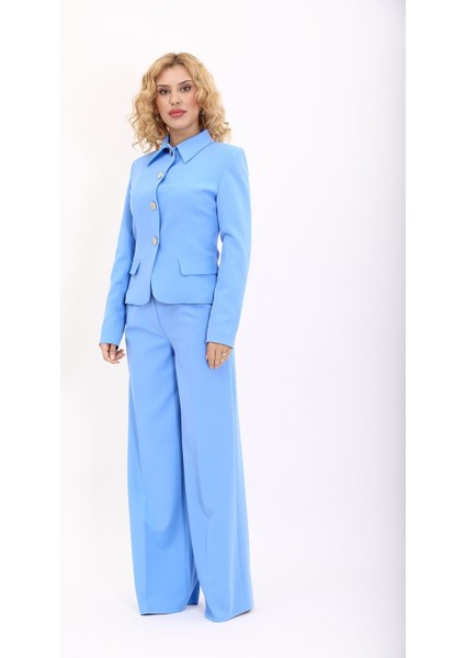 Gömlek Yaka Klasik Ceket & Korsaj Kemer Palazzo Pantolon-Gökyüzü fiyatları