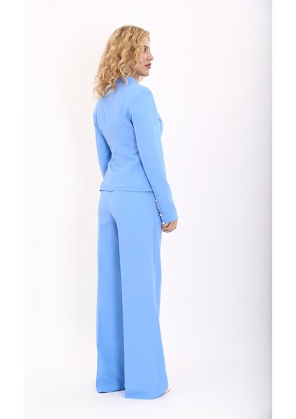Gömlek Yaka Klasik Ceket & Korsaj Kemer Palazzo Pantolon-Gökyüzü modelleri