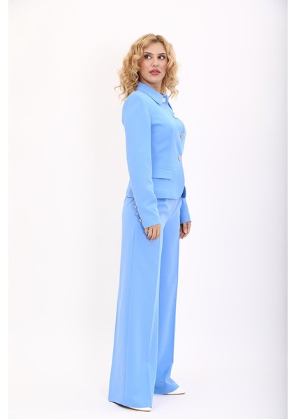 Gömlek Yaka Klasik Ceket & Korsaj Kemer Palazzo Pantolon-Gökyüzü fırsatları