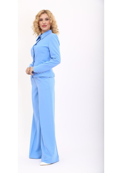 Gömlek Yaka Klasik Ceket & Korsaj Kemer Palazzo Pantolon-Gökyüzü indirimleri