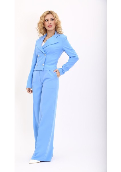 Gömlek Yaka Kuruvaze Kısa Ceket & Korsaj Kemer Palazzo Pantolon-Gökyüzü