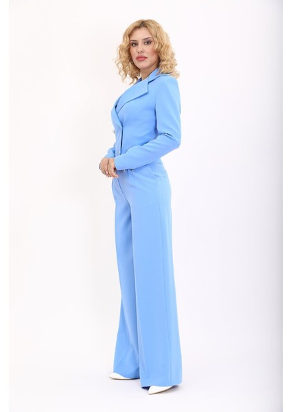 Gömlek Yaka Kuruvaze Kısa Ceket & Korsaj Kemer Palazzo Pantolon-Gökyüzü indirimleri