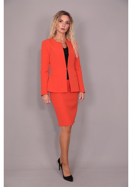 Oval Yaka Uzun Ceket & Kalem Etek Takım-Turuncu