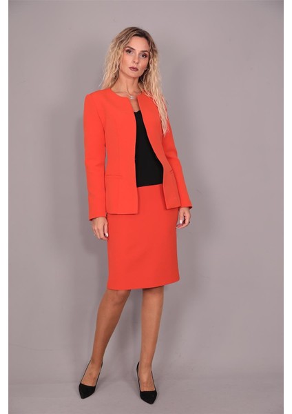 Oval Yaka Uzun Ceket & Kalem Etek Takım-Turuncu modelleri