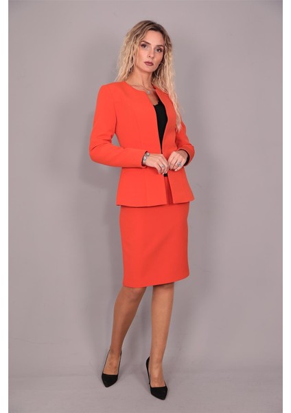 Oval Yaka Uzun Ceket & Kalem Etek Takım-Turuncu fırsatları
