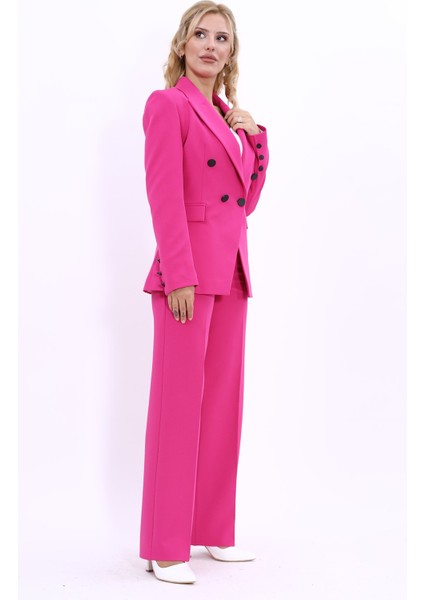 Erkek Yaka Çapraz Ceket & Bol Paça Pantolon-Fuşya modelleri
