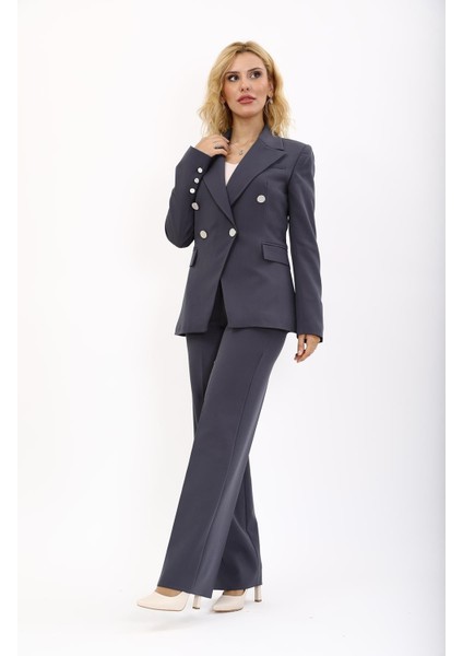 Erkek Yaka Çapraz Ceket & Bol Paça Pantolon-Füme