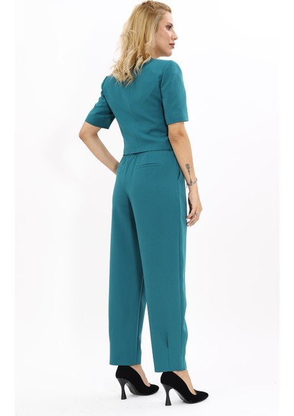 V Yaka Kısa Ceket & Paçası Pileli Pantolon-Petrol modelleri