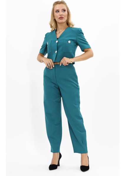 V Yaka Kısa Ceket & Paçası Pileli Pantolon-Petrol indirimleri