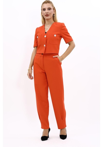 V Yaka Kısa Ceket & Paçası Pileli Pantolon-Turuncu