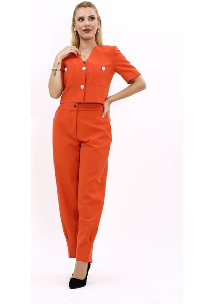 V Yaka Kısa Ceket & Paçası Pileli Pantolon-Turuncu fiyatları