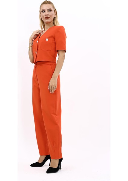 V Yaka Kısa Ceket & Paçası Pileli Pantolon-Turuncu modelleri