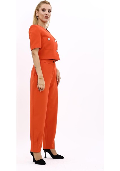 V Yaka Kısa Ceket & Paçası Pileli Pantolon-Turuncu fırsatları