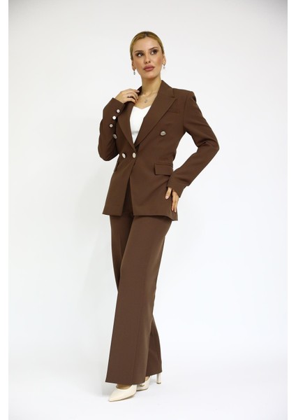 Erkek Yaka Çapraz Ceket & Bol Paça Pantolon-Kestane
