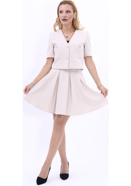V Yaka Kısa Ceket & Kısa Kloş Etek-Bej