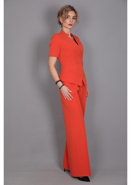 Tokalı Kısa Kollu Ceket & Yüksek Bel Bol Paça Pantolon Takım-Turuncu
